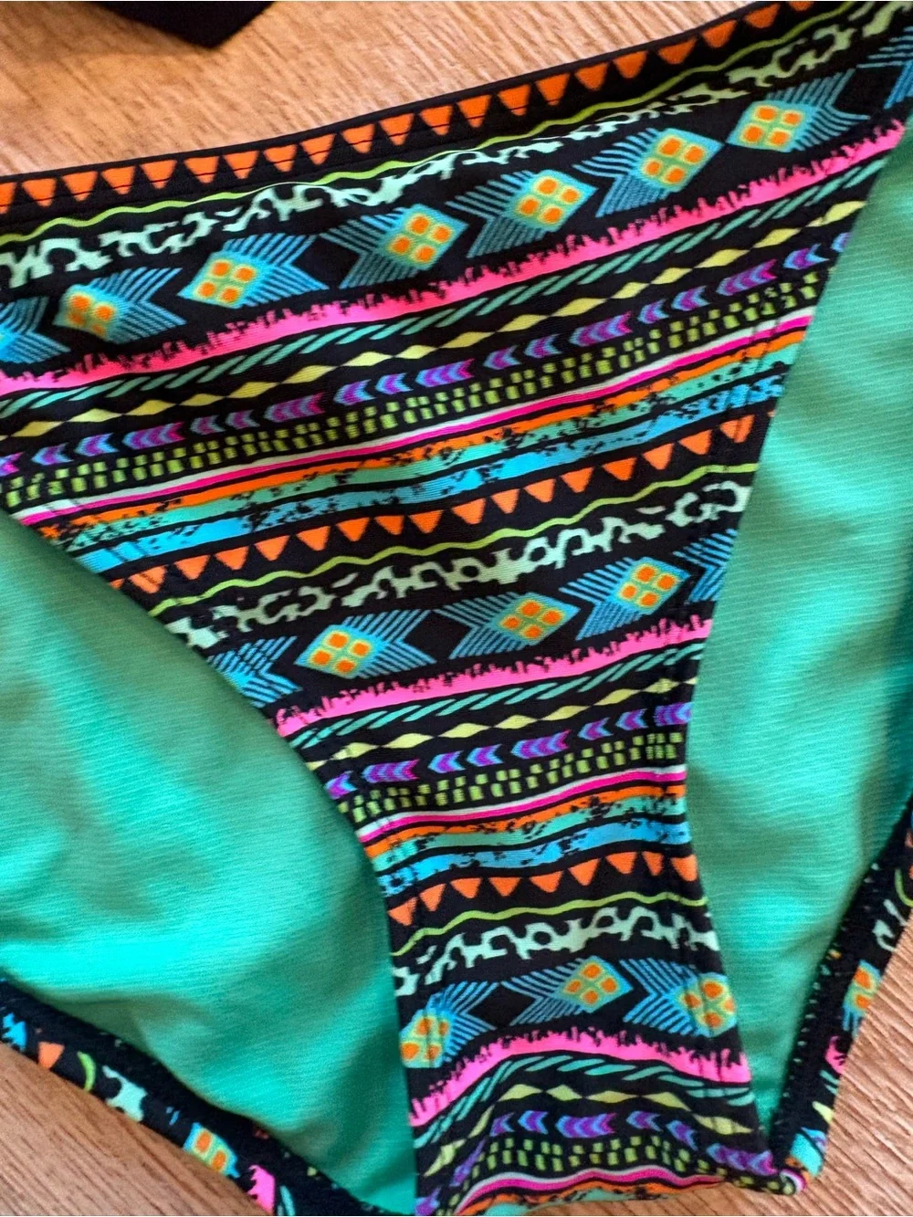 Ruffle Bandeau Bikini Set in Black With Bright Aztec Pattern